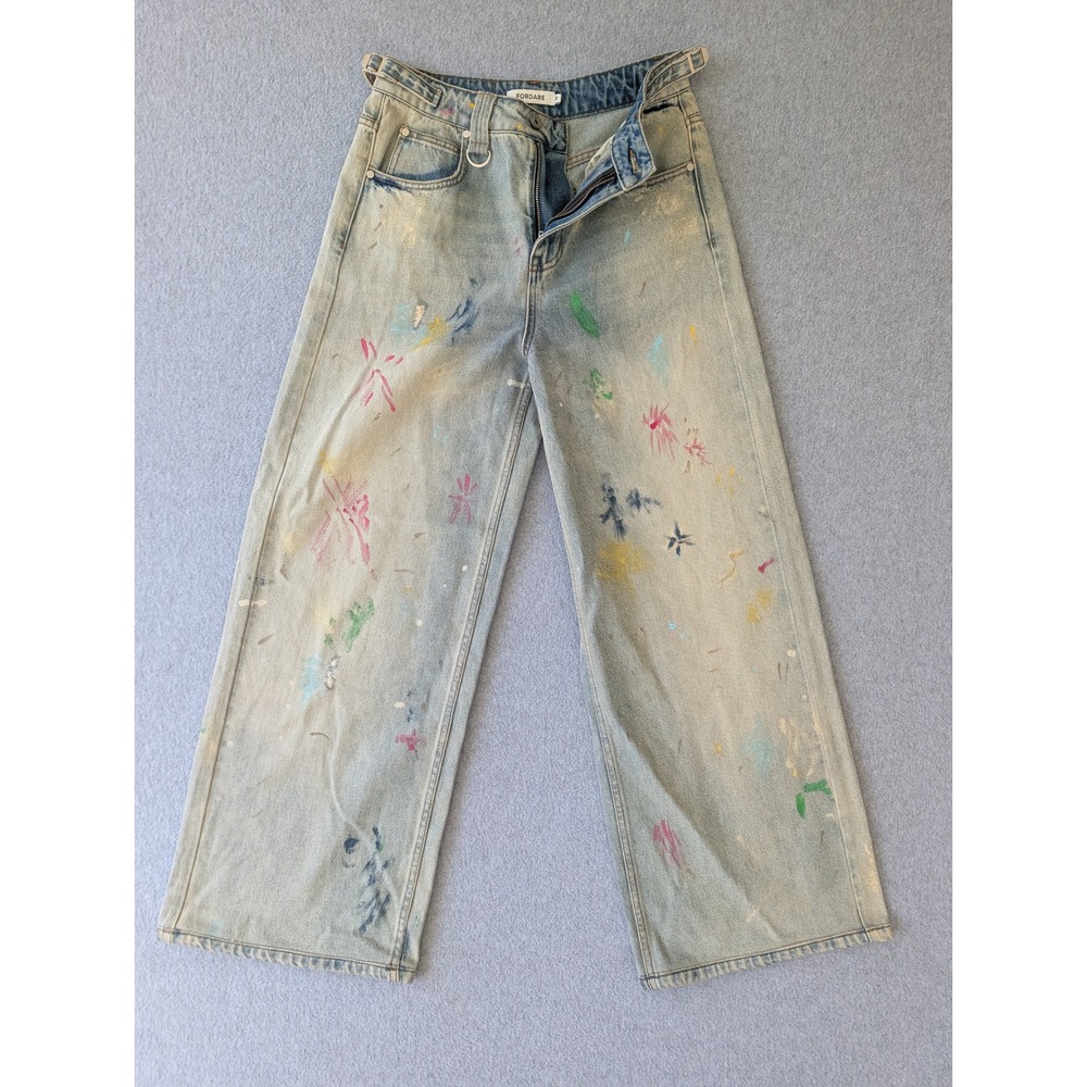 Fordare Jeans Light Wash Paint Splatter Wide Leg Adjustable Waist Size M